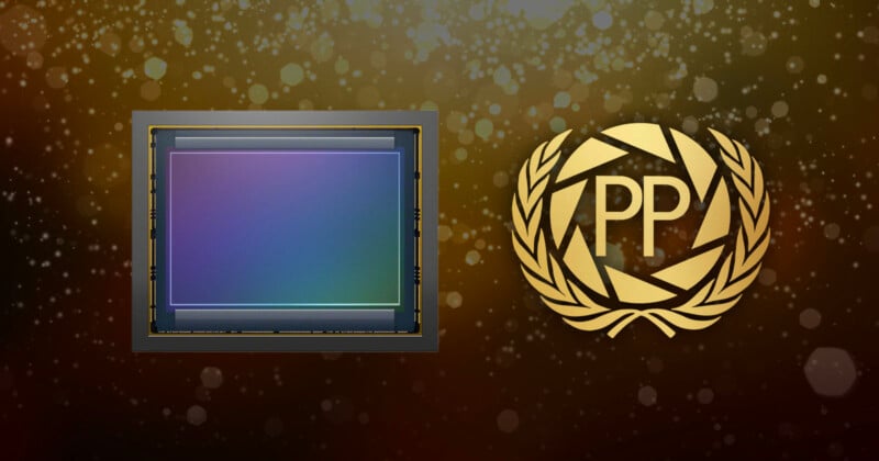 Close-up of a digital camera sensor on the left, and a gold laurel wreath with the letters "PP" in the center on the right, against a brown and gold bokeh background.