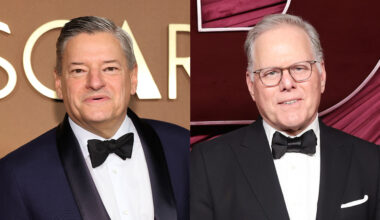 A split image of Ted Sarandos and David Zaslav