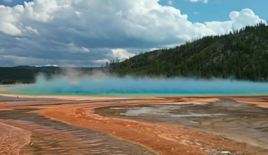 The Grand Prismatic hot spring in Yellowstone National Park is sourced from a magma chamber beneath it. The bright colours are produced by hydrophilic bacteria in the mineral-rich water-1