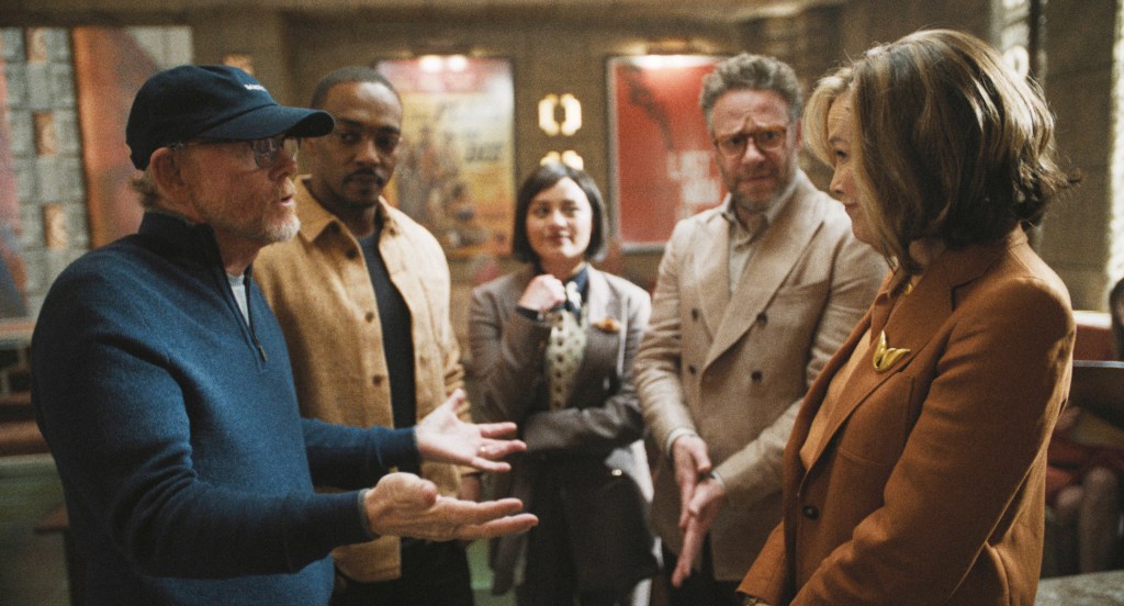 Ron Howard, Anthony Mackie, Chase Sui Wonders, Seth Rogen and Catherine O'Hara in "The Studio" (Credit: Apple TV+)
