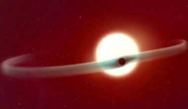 Planet with double tail: Planet silhouetted in front of a bright white star. 2 long curving tails of gas are coming off the planet, one on each side.
