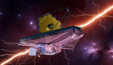 An illustration of the JWST against a "filament" of dark matter stretching many light-years through space