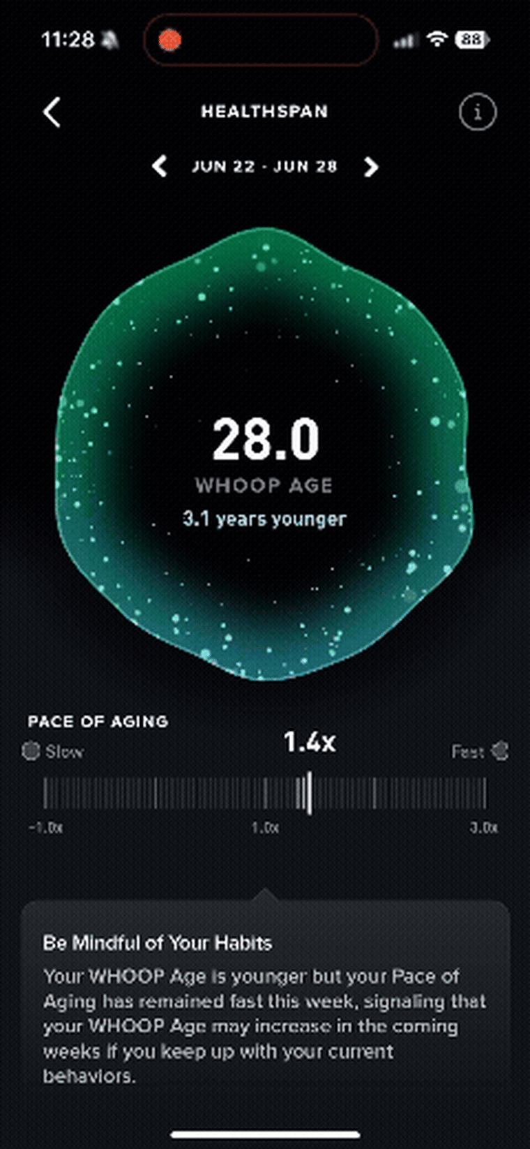 A video of the Whoop Healthspan feature, showing the Whoop Age change from one week to the next.