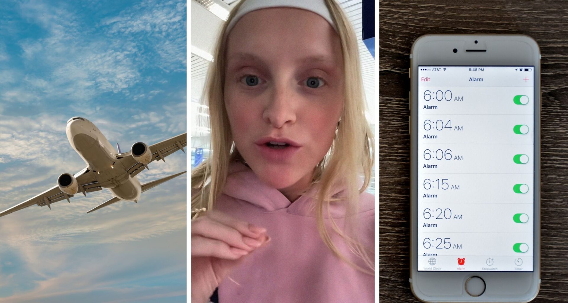 flight takes off (l) woman shares why she missed her flight (c) alarm on apple phone (r)
