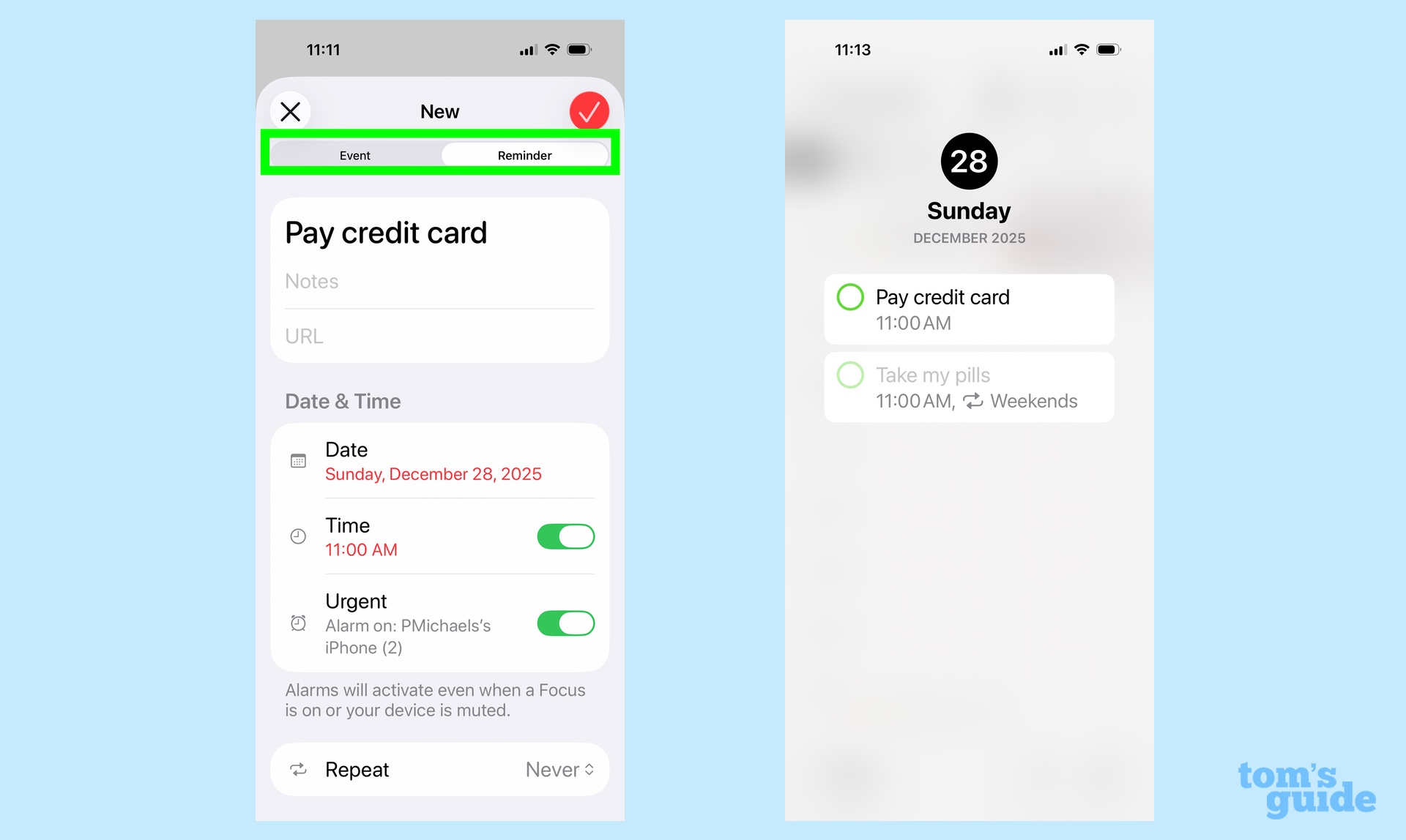 Creating a reminder in the Calendar app