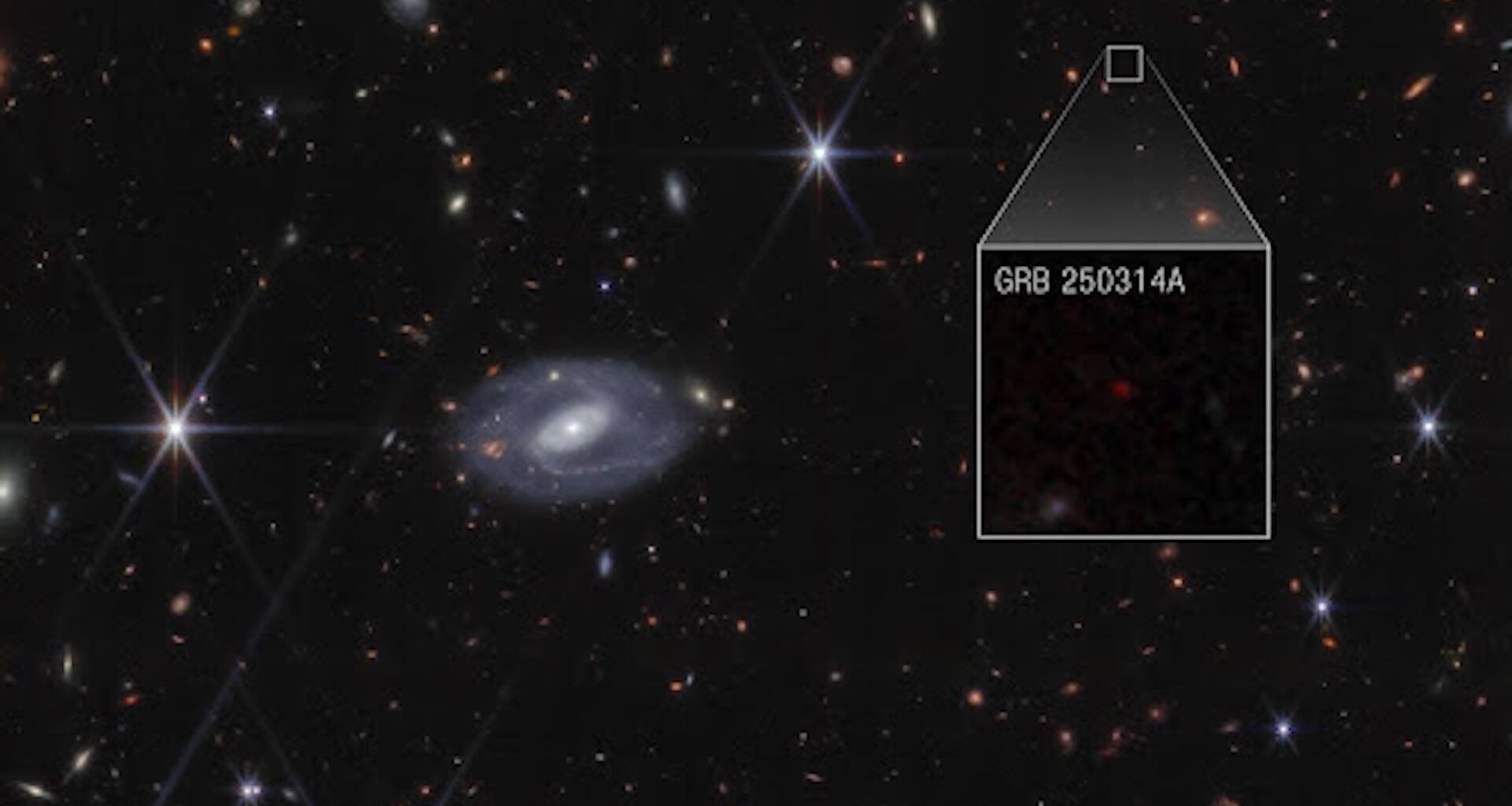 An image of space showing stars and galaxies with a box out in the top right quadrant showing the location of the supernova in the image. An inset zoomed-in image shows a red dot that represents the supernova.