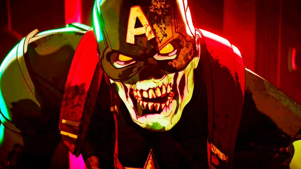 Zombified Captain America in red light in Marvel Zombies