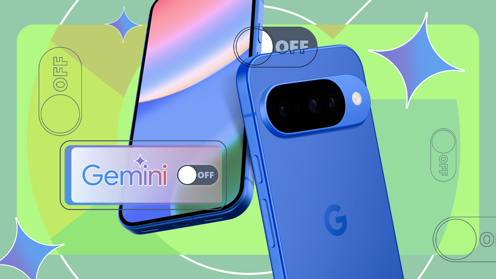 A blue Google Pixel phone with the Gemini AI logo and multiple 'off' toggle icons around it.