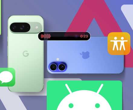 A Google Pixel next to an iPhone 16 with some of the iPhone's features highlighted.