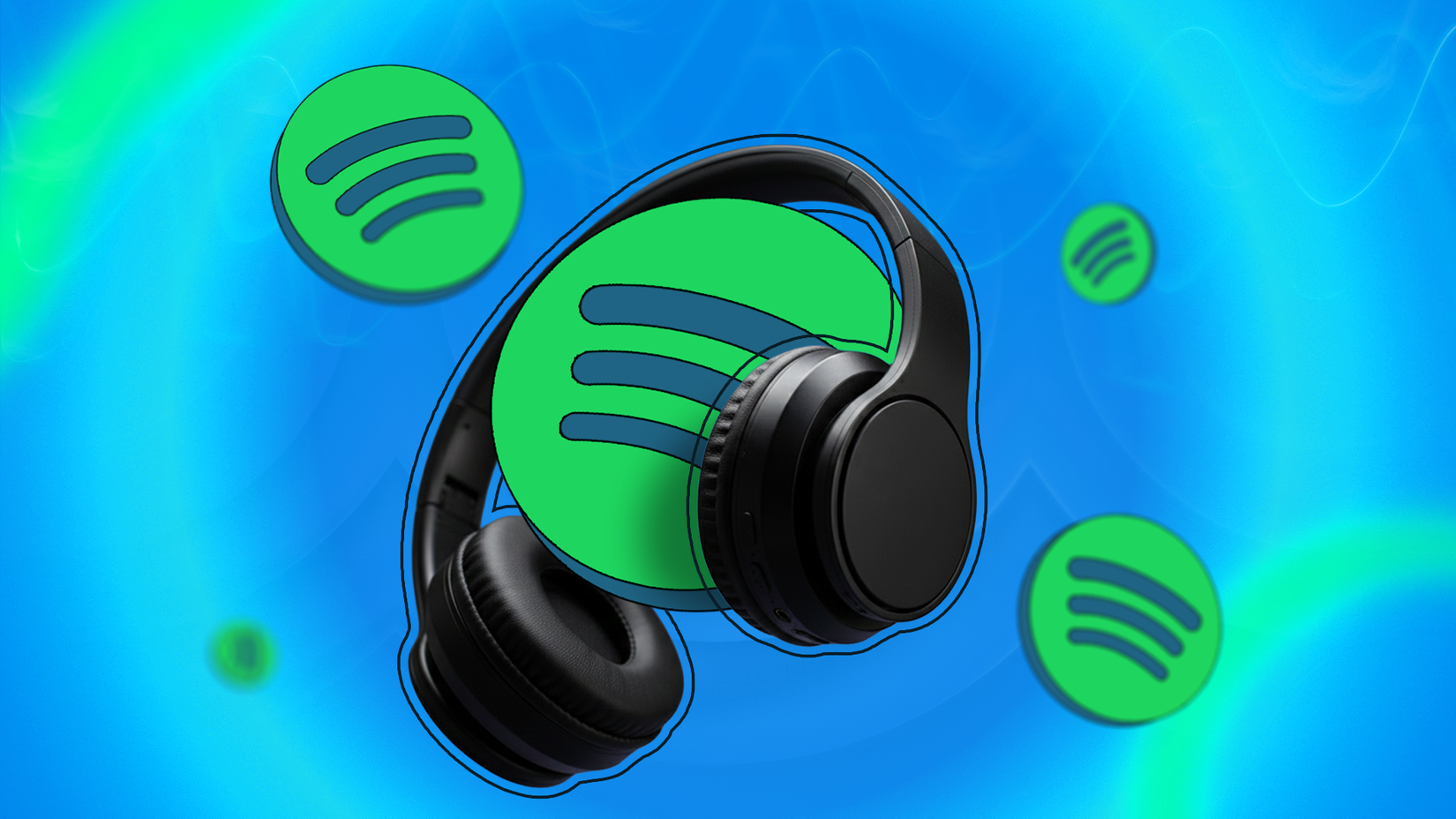A pair of headphones surrounding a large green Spotify logo, with additional Spotify icons floating on a bright blue background.