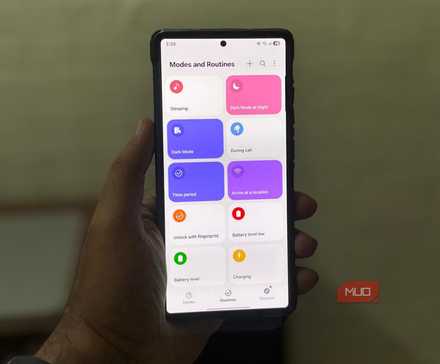 A Samsung S25 Ultra in hand opening routines and modes