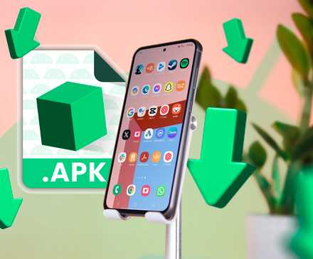 A smartphone with some apps installed and an APK file icon next to it, surrounded by download icons.