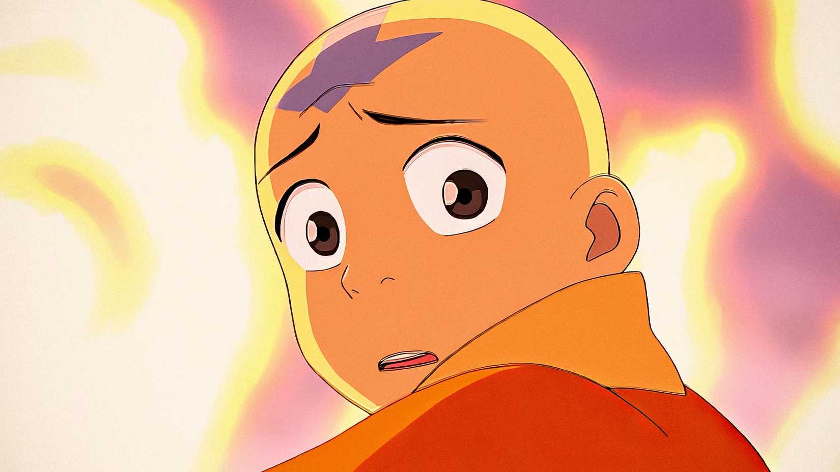Aang looking over his shoulder worried in Avatar The Last Airbender