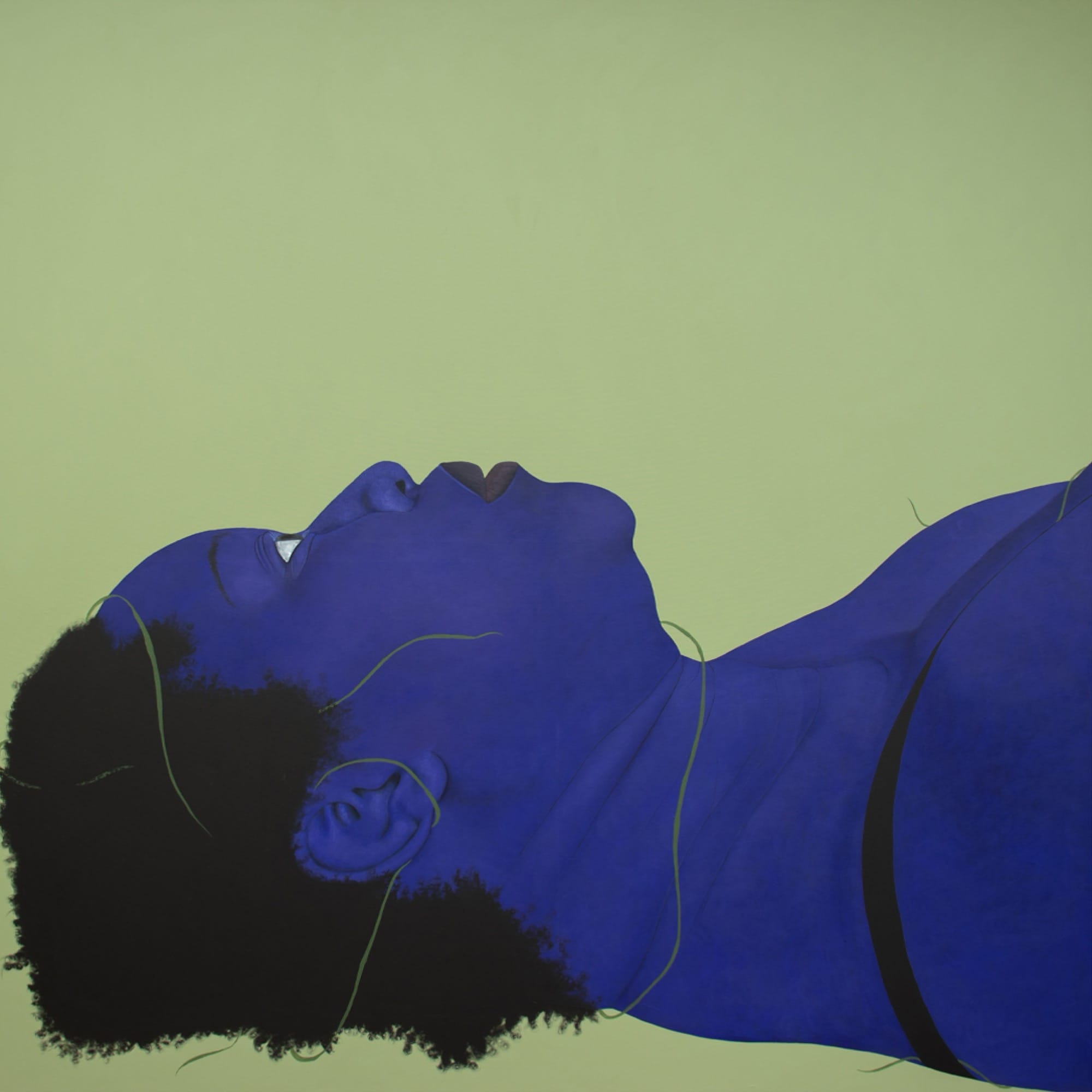 A painting by Stacy Gillian Abe of a blue-toned woman's head and shoulders, laying on the ground against a green background