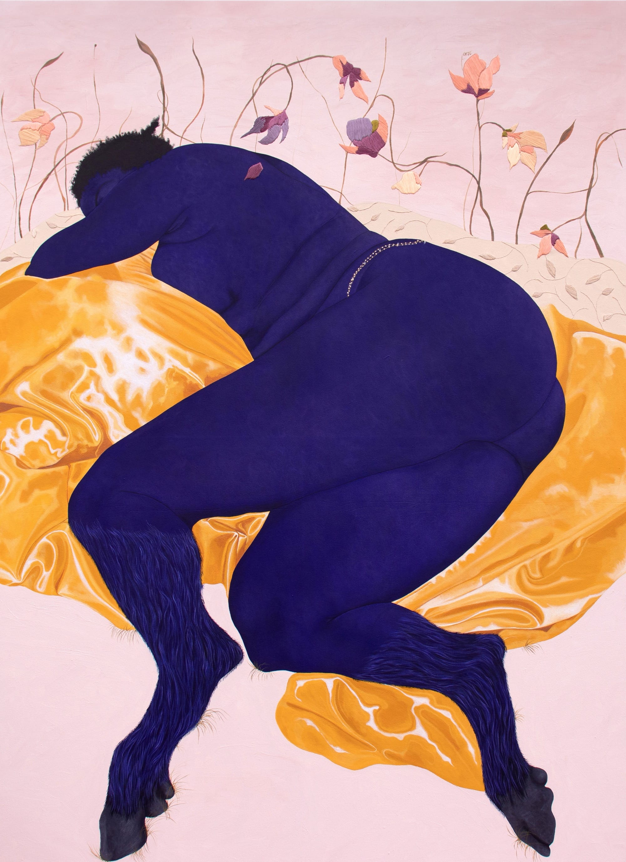 A painting by Stacy Gillian Abe of a blue-toned nude woman with hooves instead of feet, lounging on a yellow textile in a garden setting