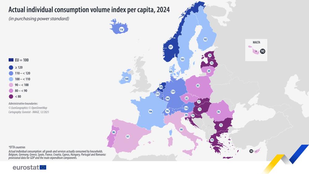 Actual individual consumption volume index per capita, 2024  (in purchasing power standard). Map. Link to full dataset below. 