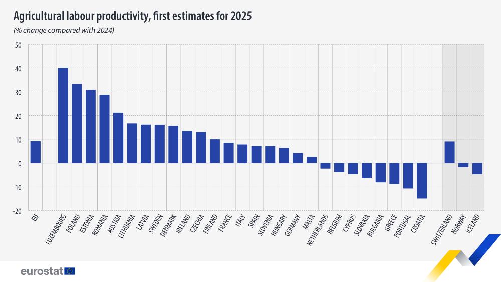 Agricultural labour productivity, first estimates for 2025  (% change compared with 2024). Chart. See link to the full dataset below.