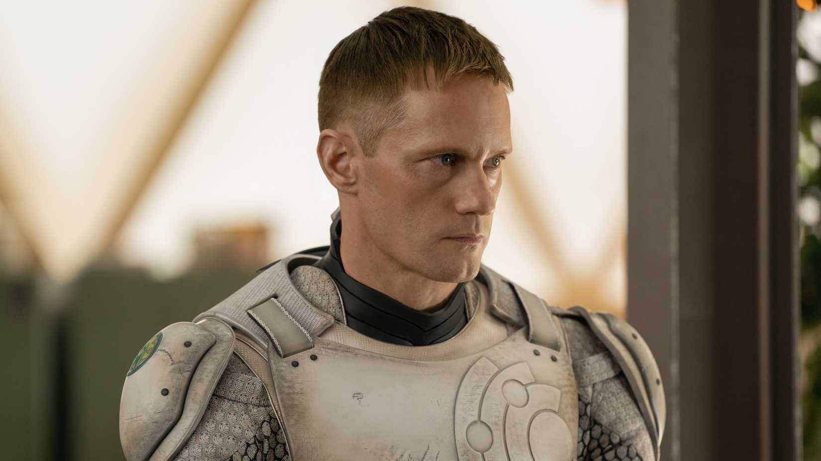 Alexander Skarsgard in a futuristic suit in Murderbot