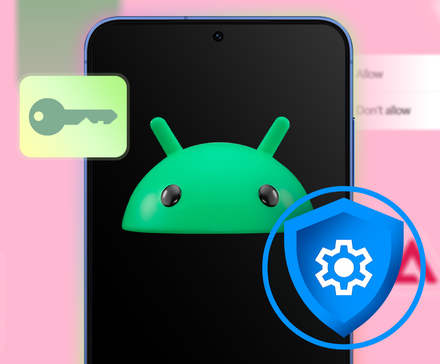 An Android mascot on a smartphone screen, surrounded by a blue security shield icon and a floating key symbol, with a permission toggle graphic blurred in the background