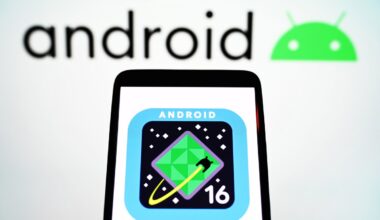 In this photo illustration, an Android 16 logo is seen on a smartphone screen