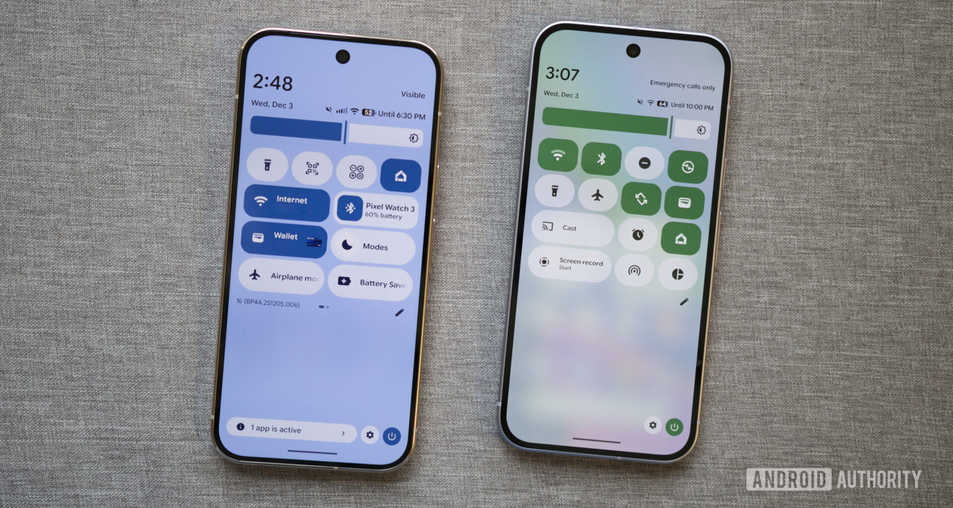 Two Pixels running Android 16, one with background blur effects and one without.