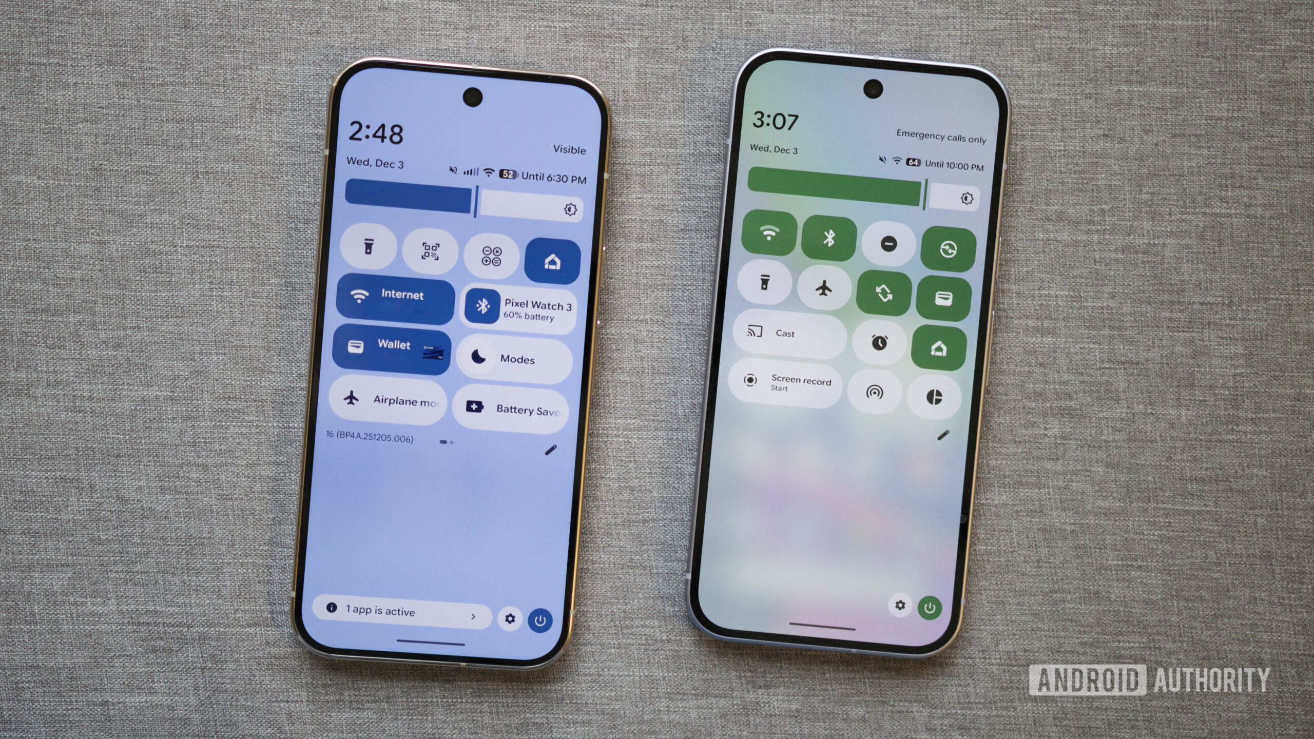 Two Pixels running Android 16, one with background blur effects and one without.