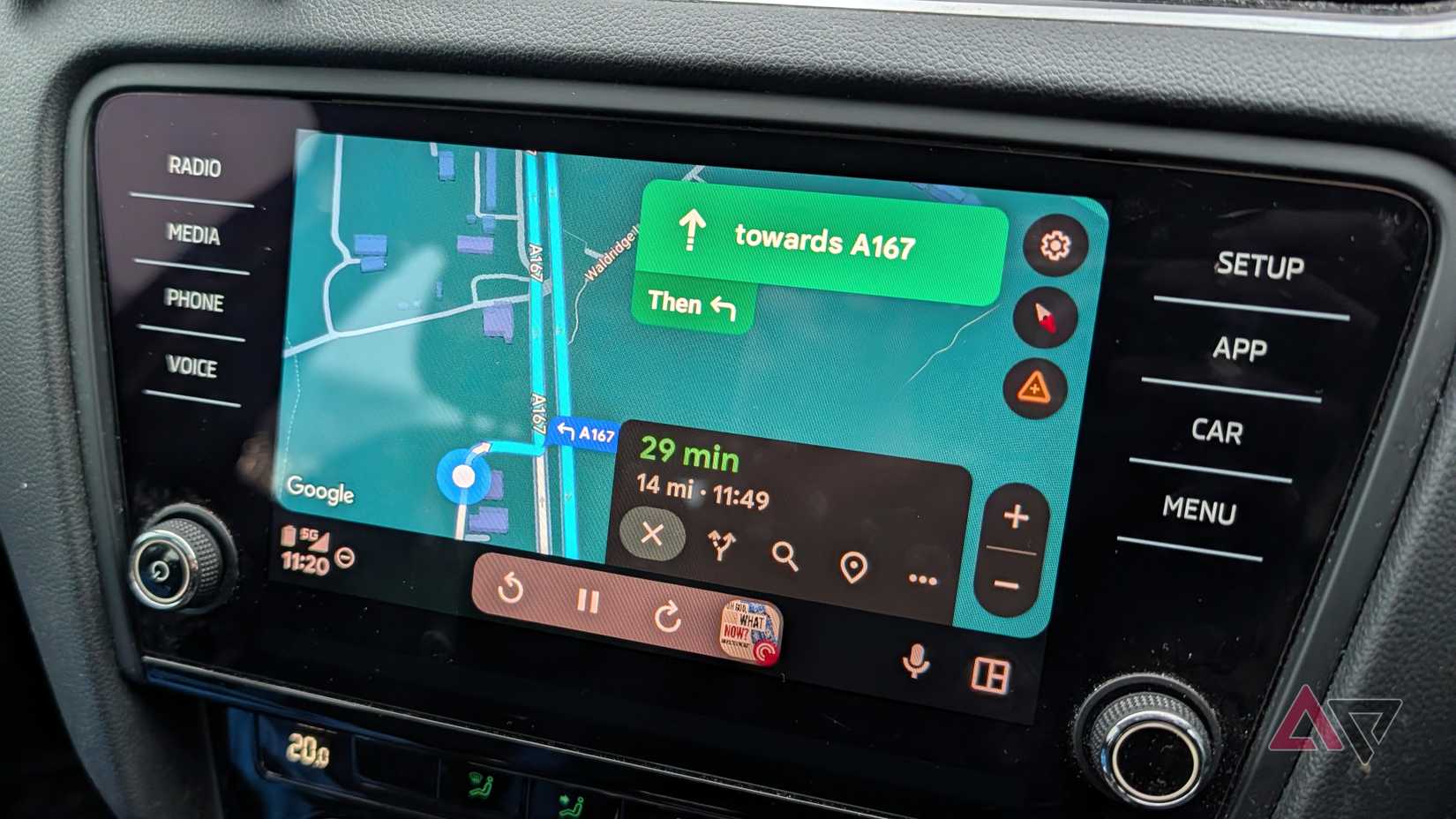 Android Auto's taskbar widget showing a playing audio track.