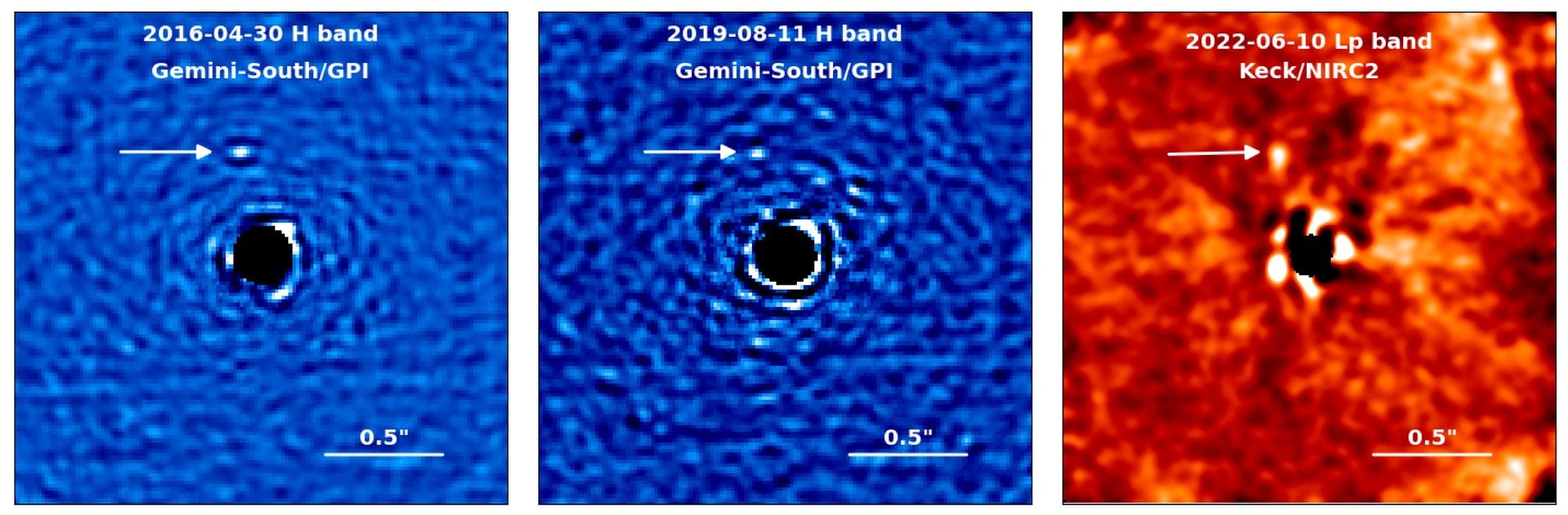 Images of three different data points capturing exoplanet HD 143811 AB b. Credit - N. K. Jones et al.