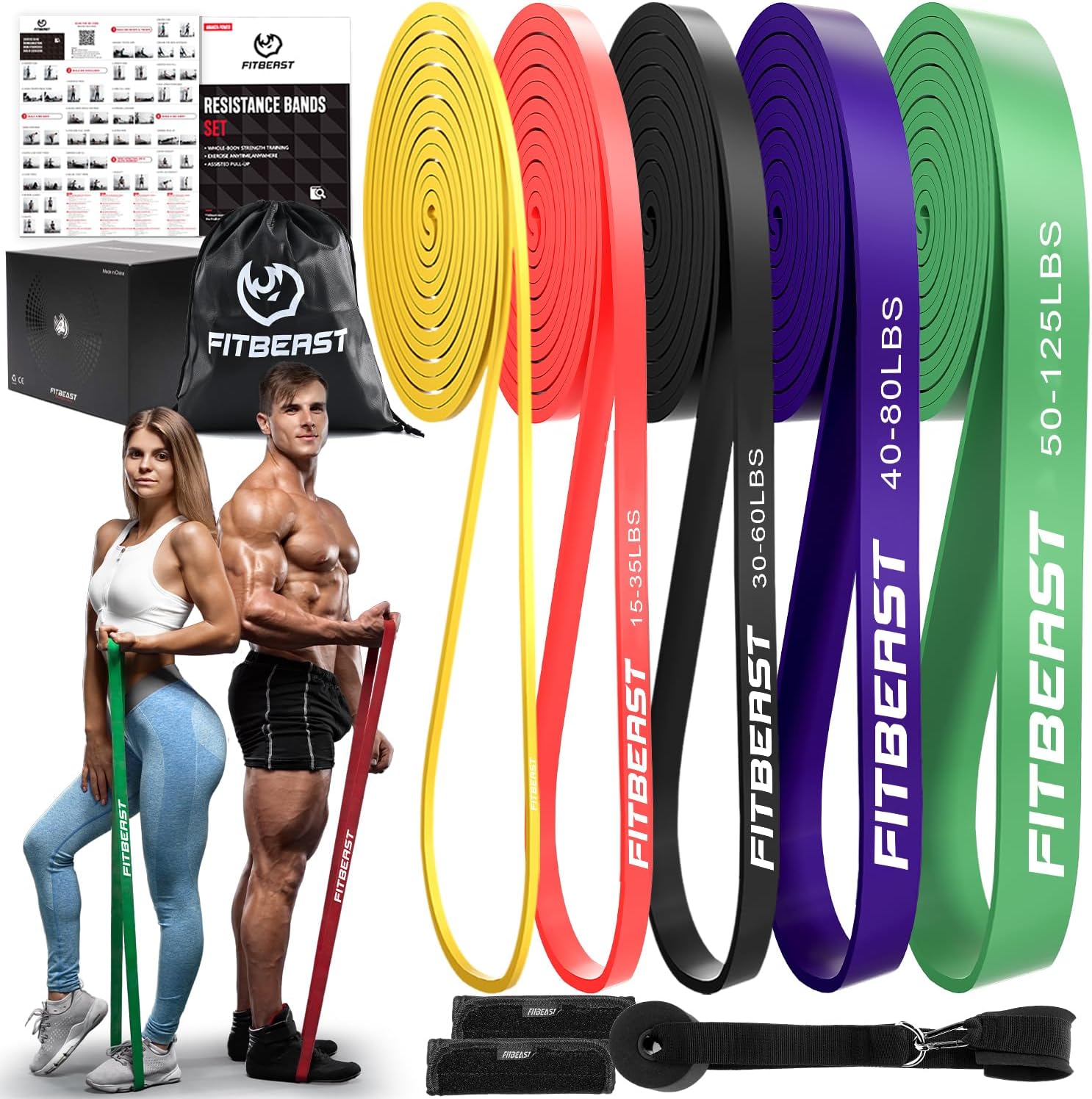Fitbeast Resistance Bands Set, 5 Different Levels, Pull Up Assist Bands for Strength Training, Powerlifting, Muscle Toning, Mobility Exercises, Full-Body Workout (vibrant 5-125 Lbs)