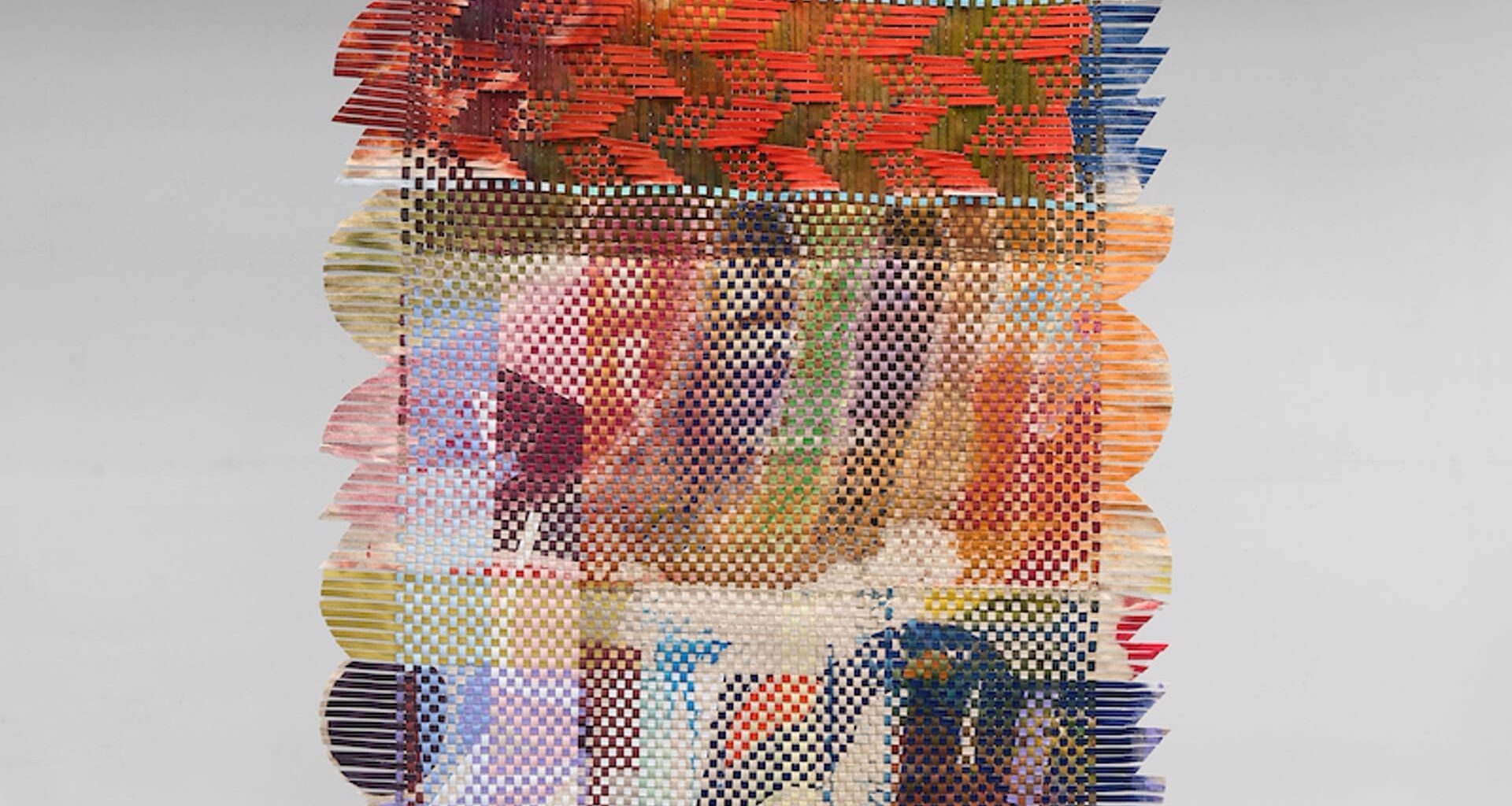 a suspended abstract woven tapestry by Miguel Arzabe