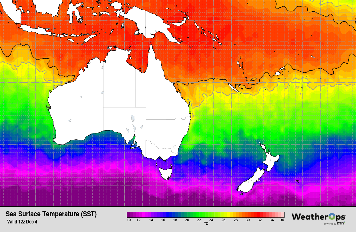 Sea surface temperatures around Australia on Thursday, December 4, 2025. Source: DTN