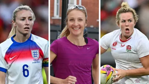 Getty Images Composite of Leah Williamson, Paula Radcliffe and Marlie Packer. Williamson is on the pitch in England football kit - which is white with a blue and red band at the top and the three lions badge on the left. She has long blonde hair tied in a ponytail. Radcliffe is wearing a purple running top with a darker top visible beneath. She is smiling at the camera and has sunglasses on the top of her head. She has long light brown hair tied back. Packer is in England rugby kit running with the ball in her hands. The white kit has a red rose to the left of the chest. She has blonde hair tied up.