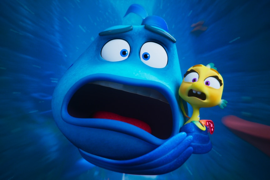 Two animated fish looking scared, one big, one tiny