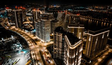 Impressive scenery with tall buildings of the new part of Belgrade captured during the night with a drone.