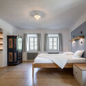 Borová Lada Cottage / Studio Plyš - Interior Photography, Bedroom, Wood, Bed, Lighting