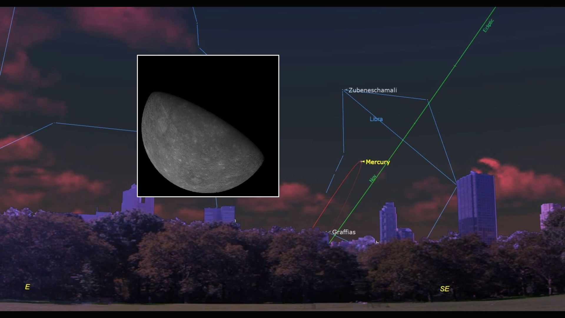 A reddish morning sky with a star map overlaid showing a labeled dot for the planet Mercury with a boxout showing a close up of the planet Mercury with its gray surface in space.