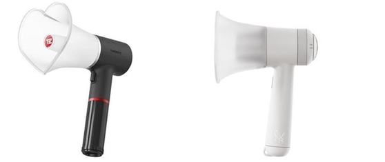 Light sticks of boy band The Boyz, left, and rock band QWER, right, that have similar megaphone designs [SCREEN CAPTURE]