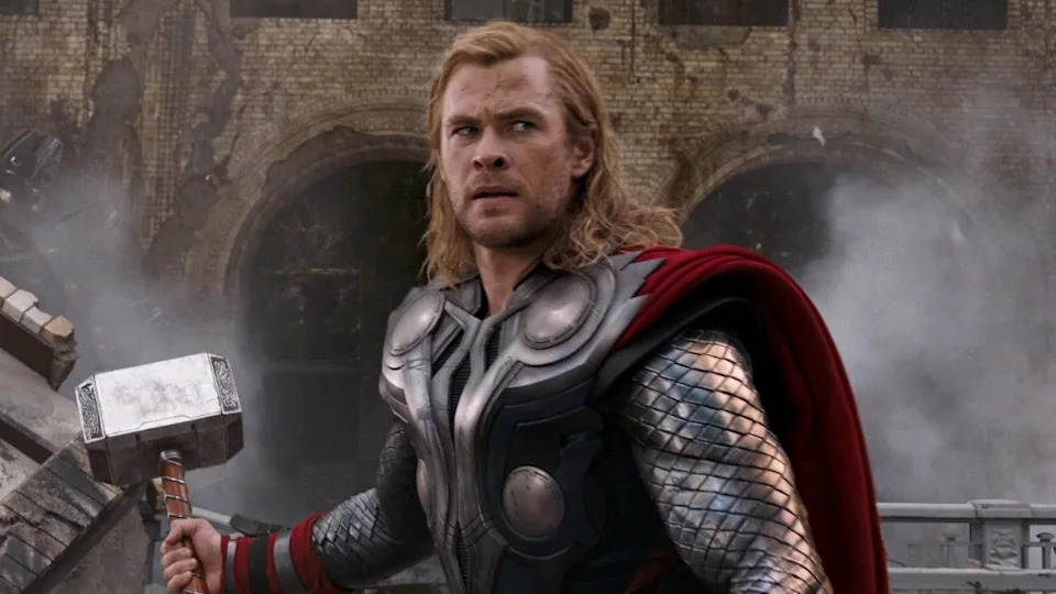  Thor holding Mjolnir during the Battle of New York in The Avengers. 