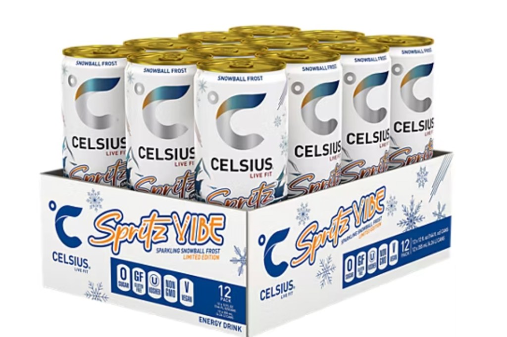 A 12-pack case of Celsius Live Fit Sparkling Snowball Frost energy drinks.