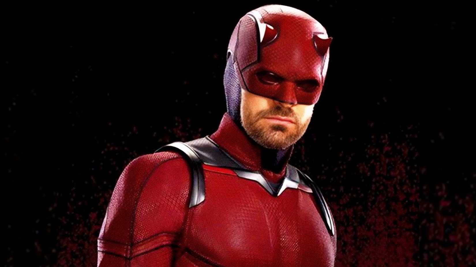 Charlie Cox's Matt Murdock wears his MCU suit surrounded by blood splatters in Daredevil Born Again image