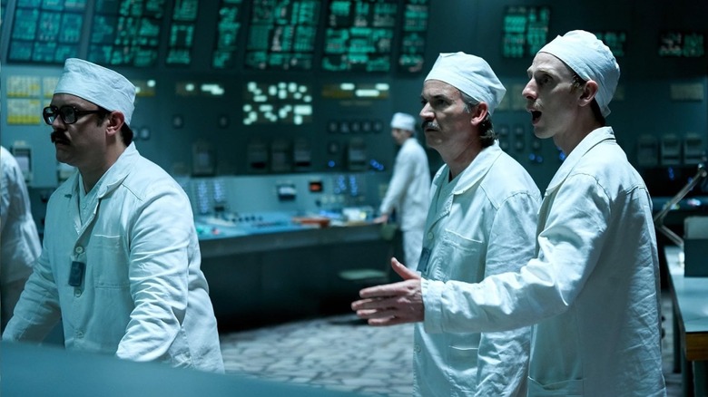 Paul Ritter (Anatoly Dyatlov), Sam Troughton (Aleksandr Akimov), and Robert Emms (Leonid Toptunov) on Chernobyl