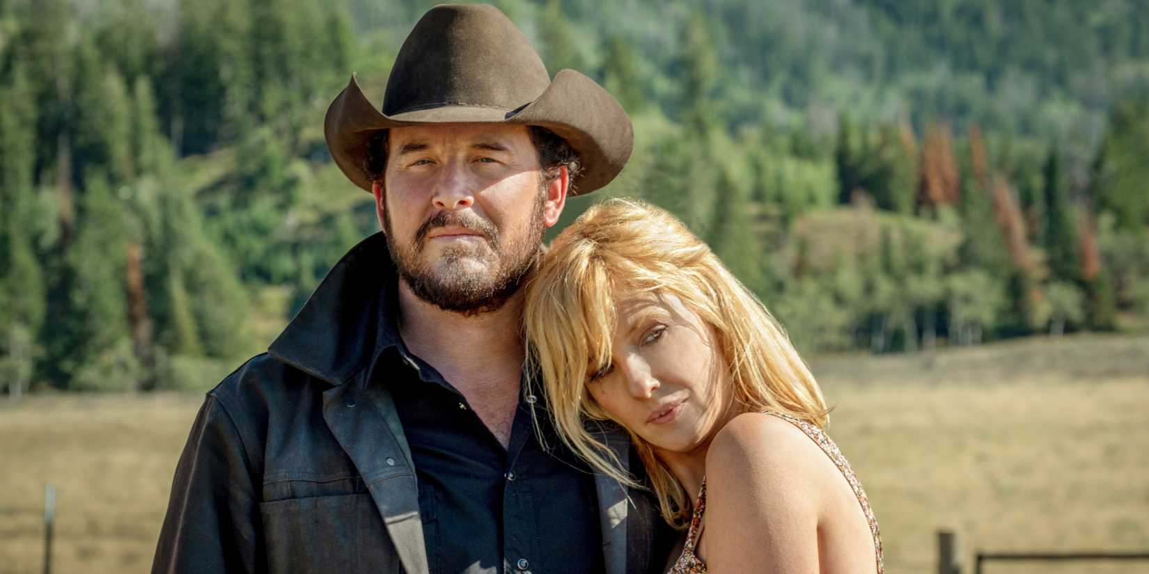 Cole Hauser as Rip Wheeler standing with Kelly Reilly as Beth Dutton leaning on his shoulder in Yellowstone season 3
