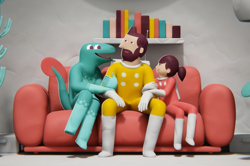 A cartoon family — a man, girl and adult-lizard lizard — are sitting comfortably on a couch