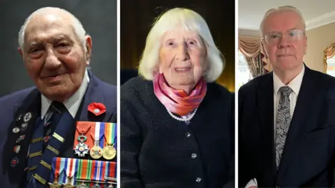 Getty Images/ PA Wire/ BBC A composite of Mervyn Kersh, Betty Brown and Jeff Edwards. Kersh is in military uniform with medals pinned to his chest. He has short grey hair. Brown has a white bob haircut and is wearing a dark knitted sweater with a coral echarpe. Edwards is in a blue suit wearing a grey and black textured tie. He has square clear glasses and short grey hair.