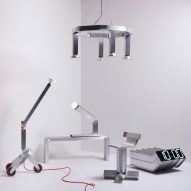 Aluminium lighting and clock by David Taylor for Special Effects exhibition at Bukowskis in Stockholm