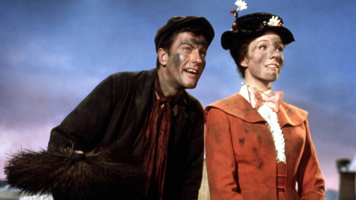 Dick Van Dyke with Julie Andrews in costume for the film Mary Poppins.