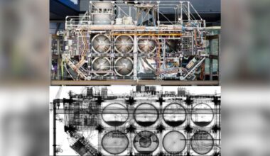 Two images side by side, one showing the metal cylinders and wires that make up a large boxy satellite and the other being a black and white x-ray image of the satellite showing its hollow features