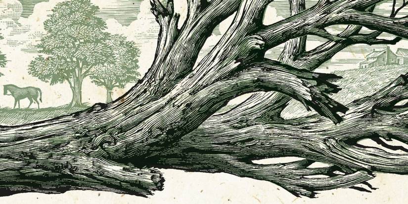 East of Eden's alternate book cover shows a fallen tree, a barn, and a tree with a horse