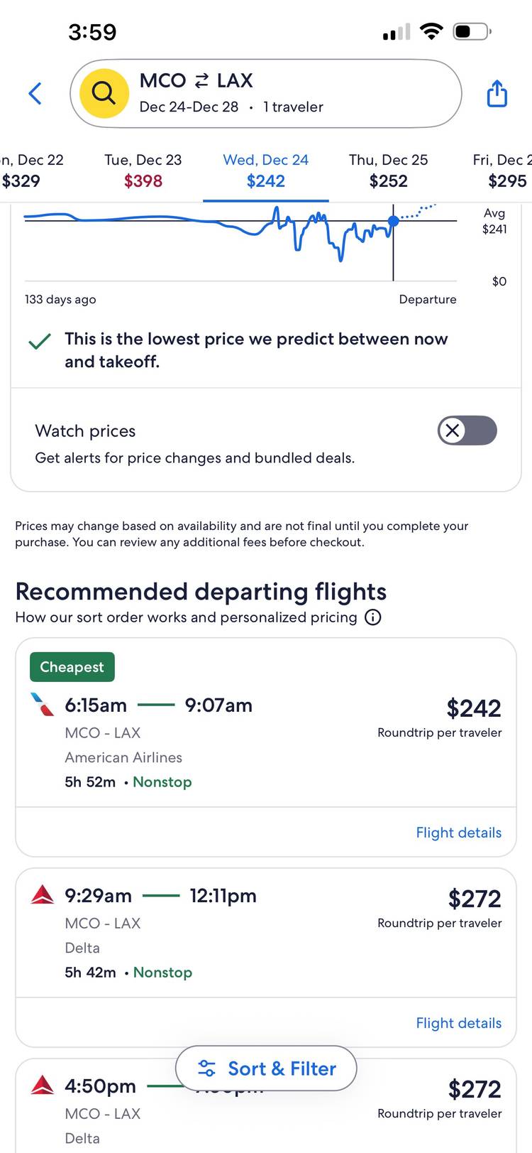 A screenshot of the Expedia mobile app, showing flights from Orlando to Los Angeles.