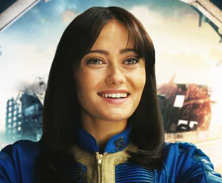 Custom image of Ella Purnell as Lucy smiling widely in Fallout in front of the vault opening.